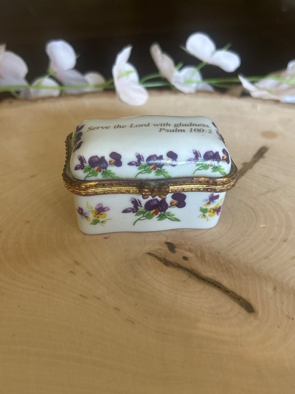 Imperial Porcelain Hand-Painted Trinket Box Violets Psalm 100:2 Gold Trim